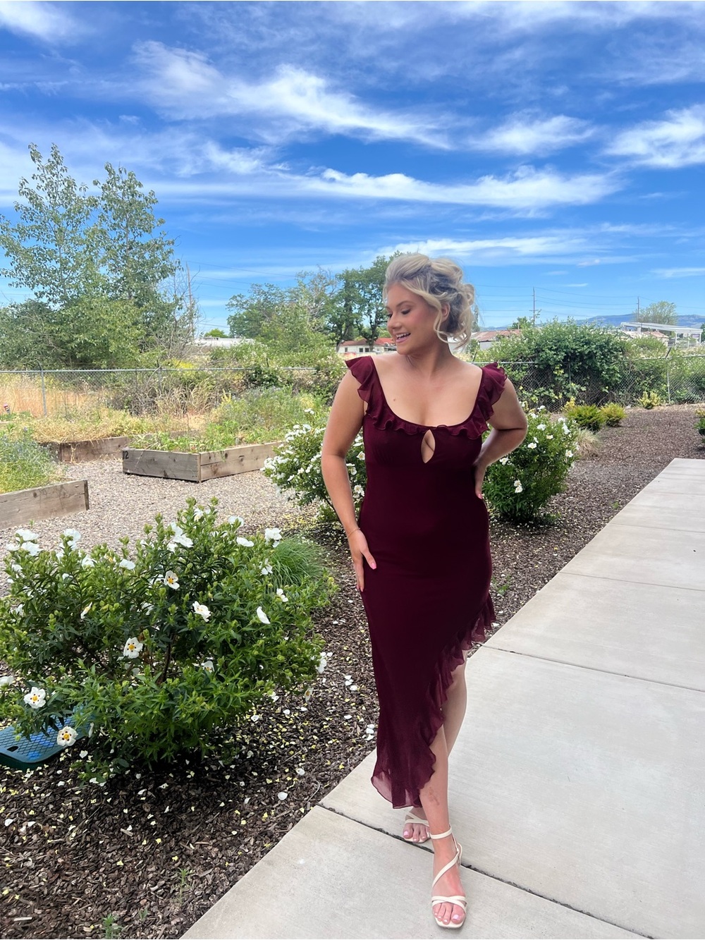 Ruffle Sleeve Asymmetrical Dress in Deep Burgundy